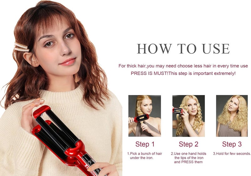 Mannice Ceramic Hair Iron, 3 Barrel Curling Iron 0.6 inch / 16mm Perm Instant Curls, Hair Crimper and Wavers, Red (8 inches), Ideal Gift for Valentine's Day or Mother's Day - Image 5